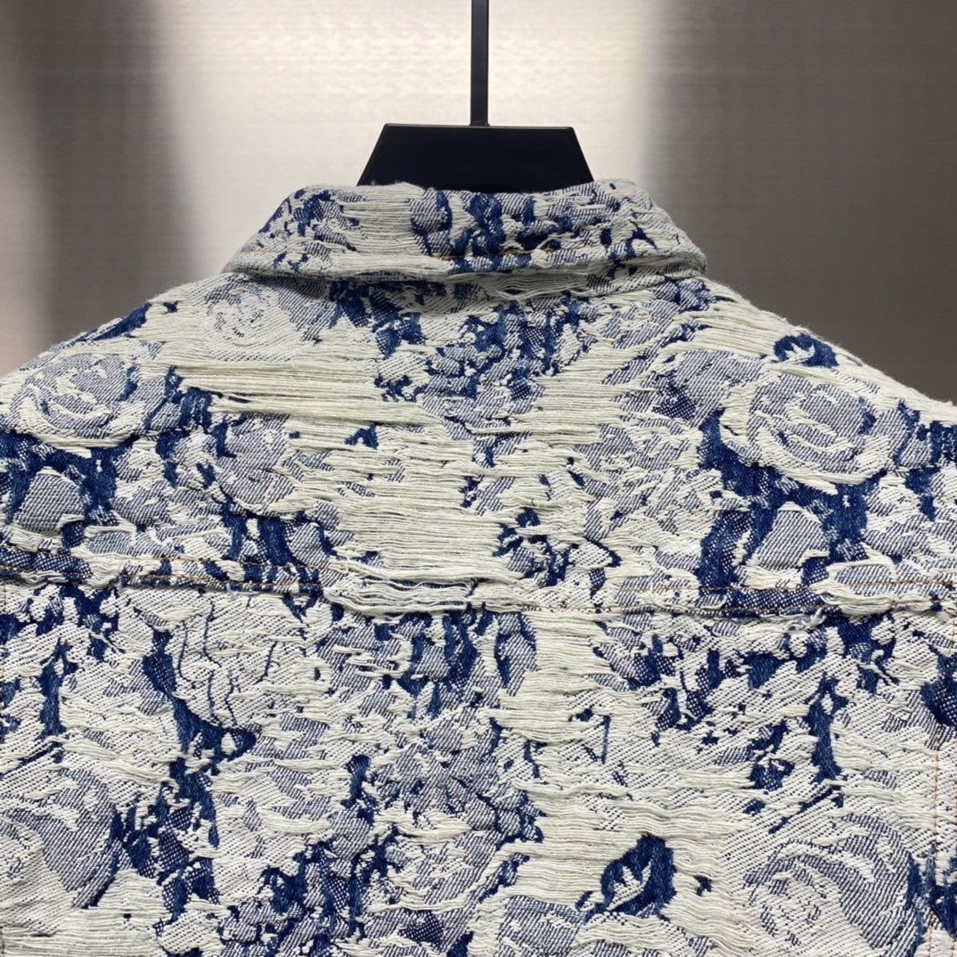 「#1872」Louis Vuitton Floral jacquard fringed denim jacket