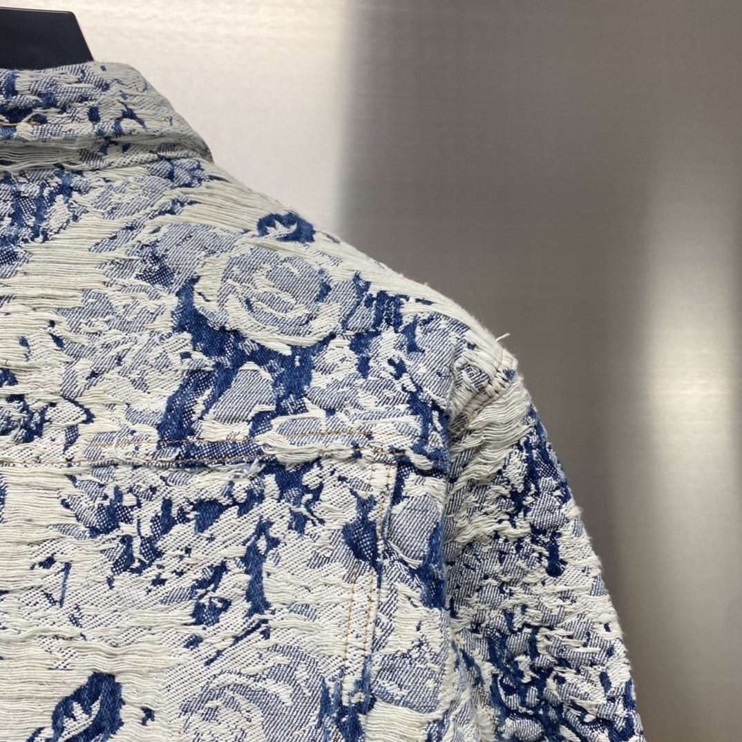 「#1872」Louis Vuitton Floral jacquard fringed denim jacket