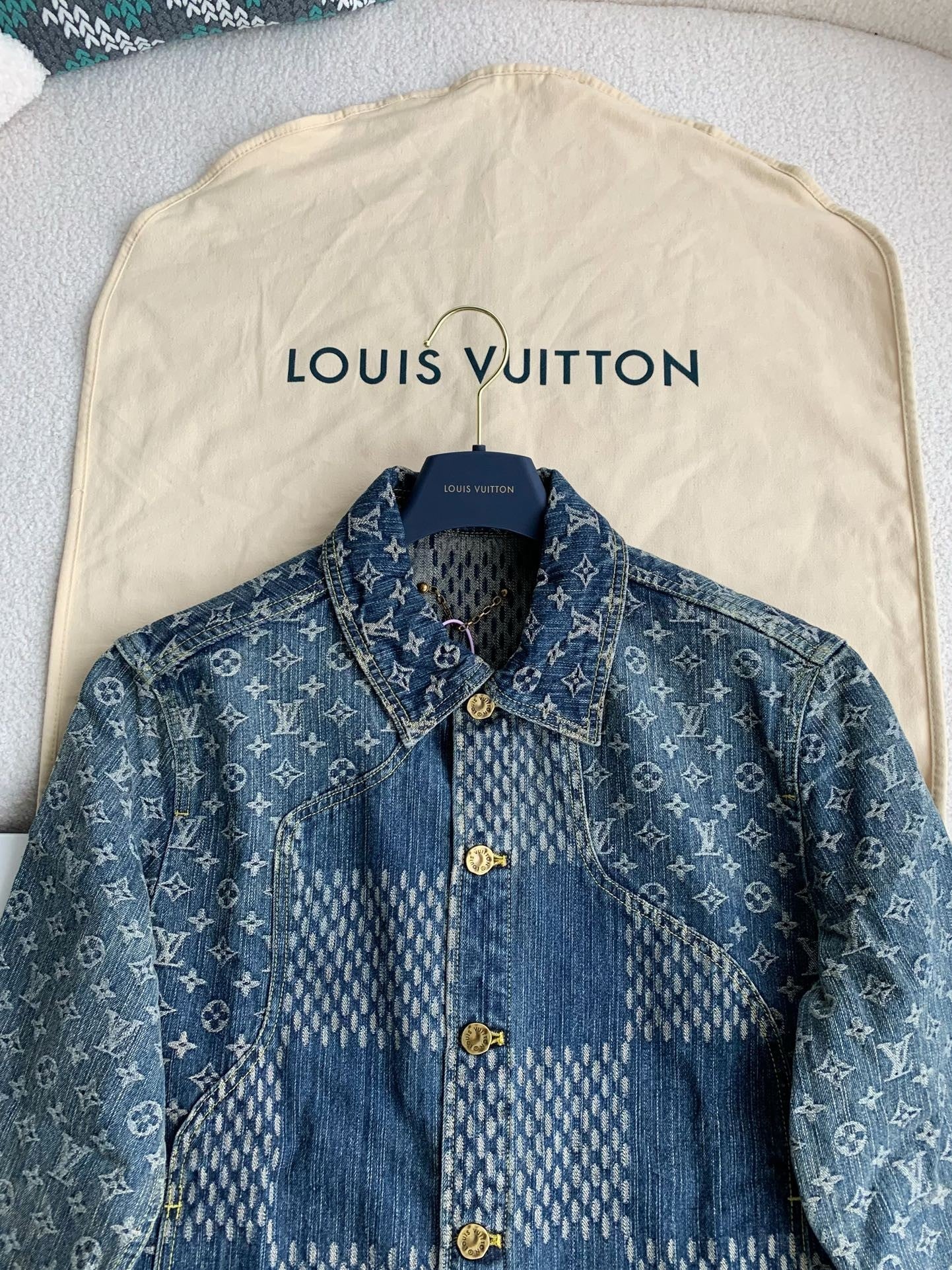 「#1808」Louis Vuitton Classic Logo printed all over patchwork denim jacket