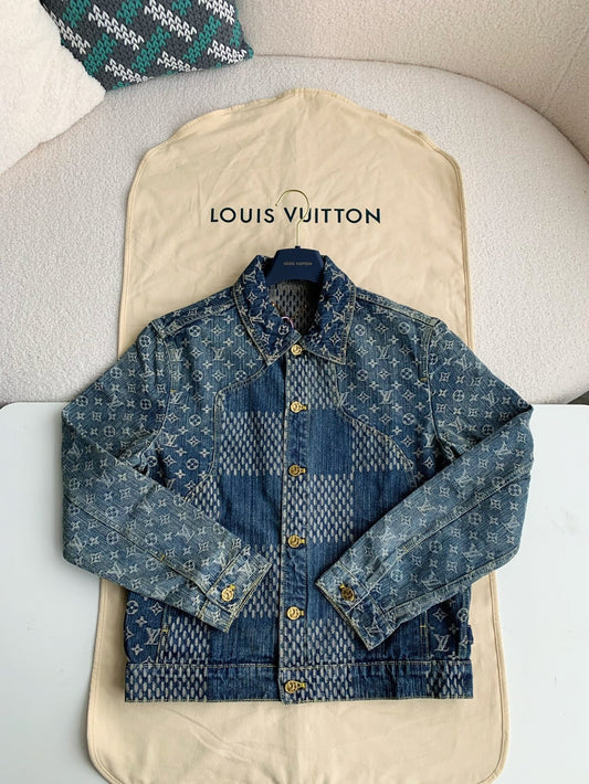 「#1808」Louis Vuitton Classic Logo printed all over patchwork denim jacket