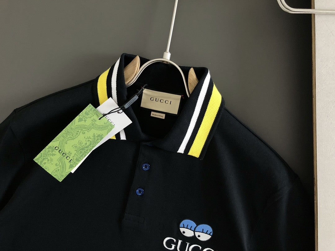 「#2857」Gucci Floral neckline embroidered polo shirt with cartoon lettering