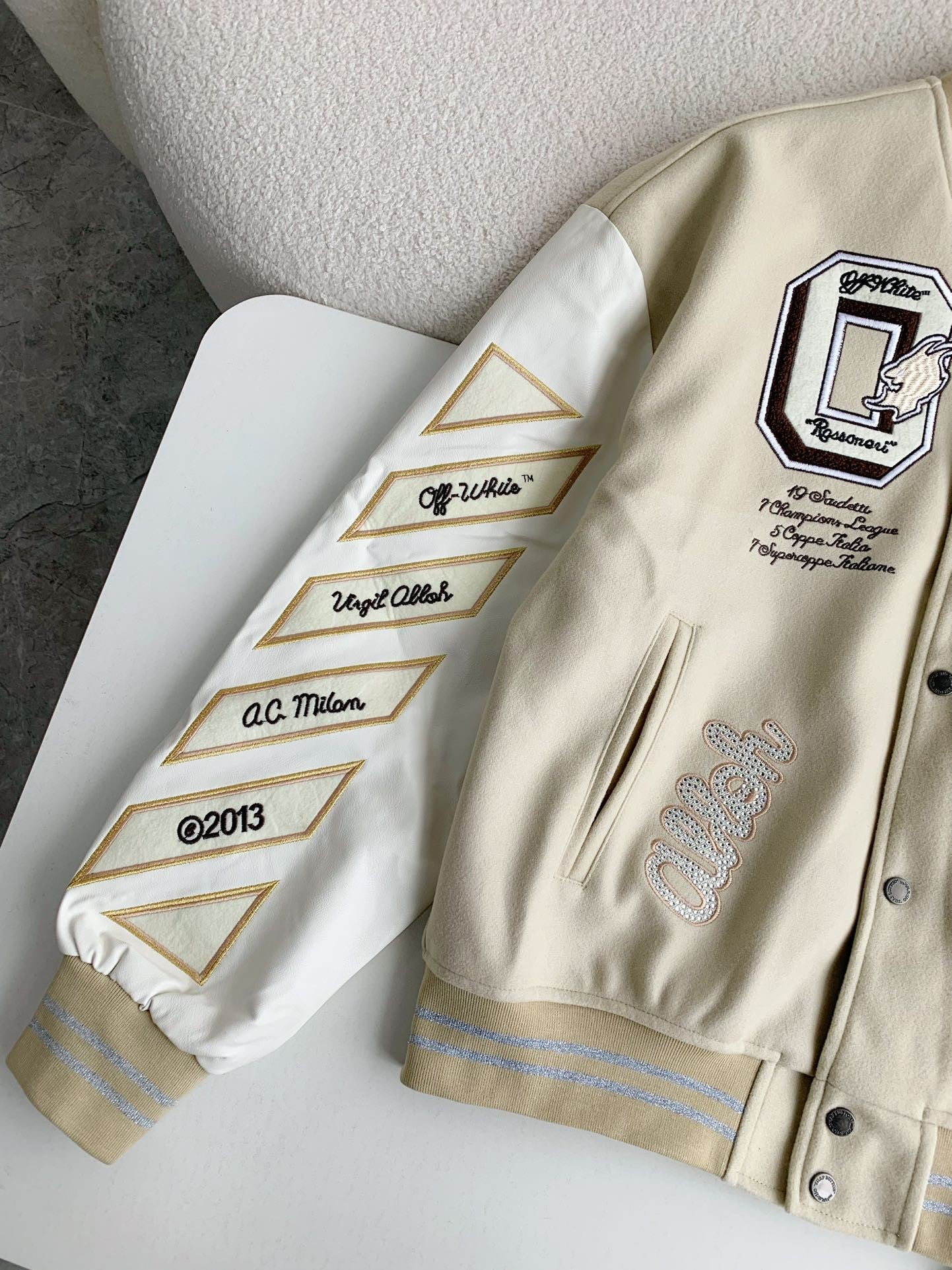 「#3484」OFF-WHITE xAc Milan FW22 Collaborative Colorblock Baseball Jacket