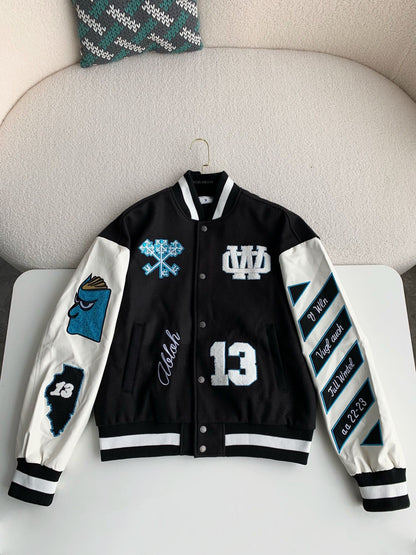 「#3485」OFF-WHITE xAc Milan FW22 Collaborative Colorblock Baseball Jacket