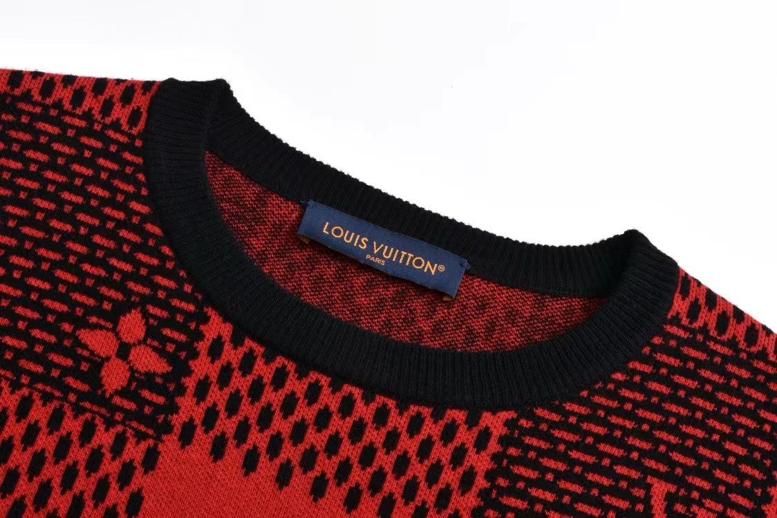 「#3560」Louis Vuitton 24fw black and red checkered jacquard crew neck sweater