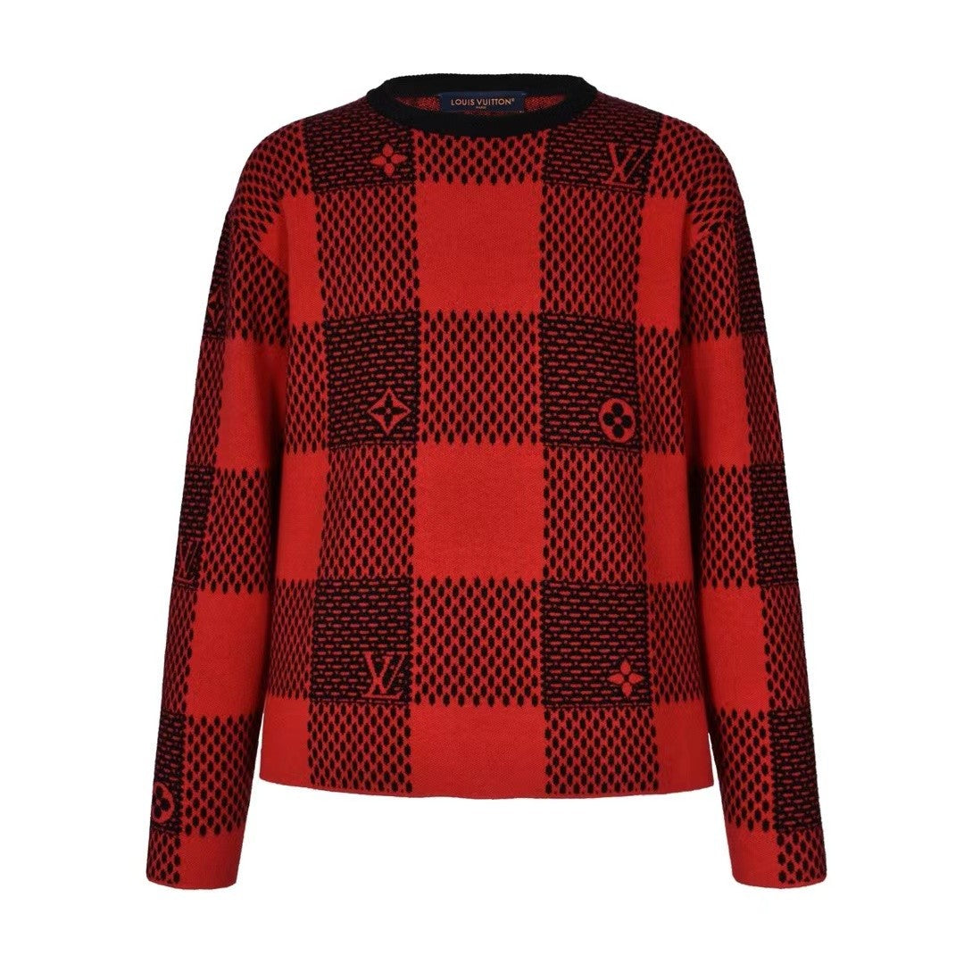 「#3560」Louis Vuitton 24fw black and red checkered jacquard crew neck sweater