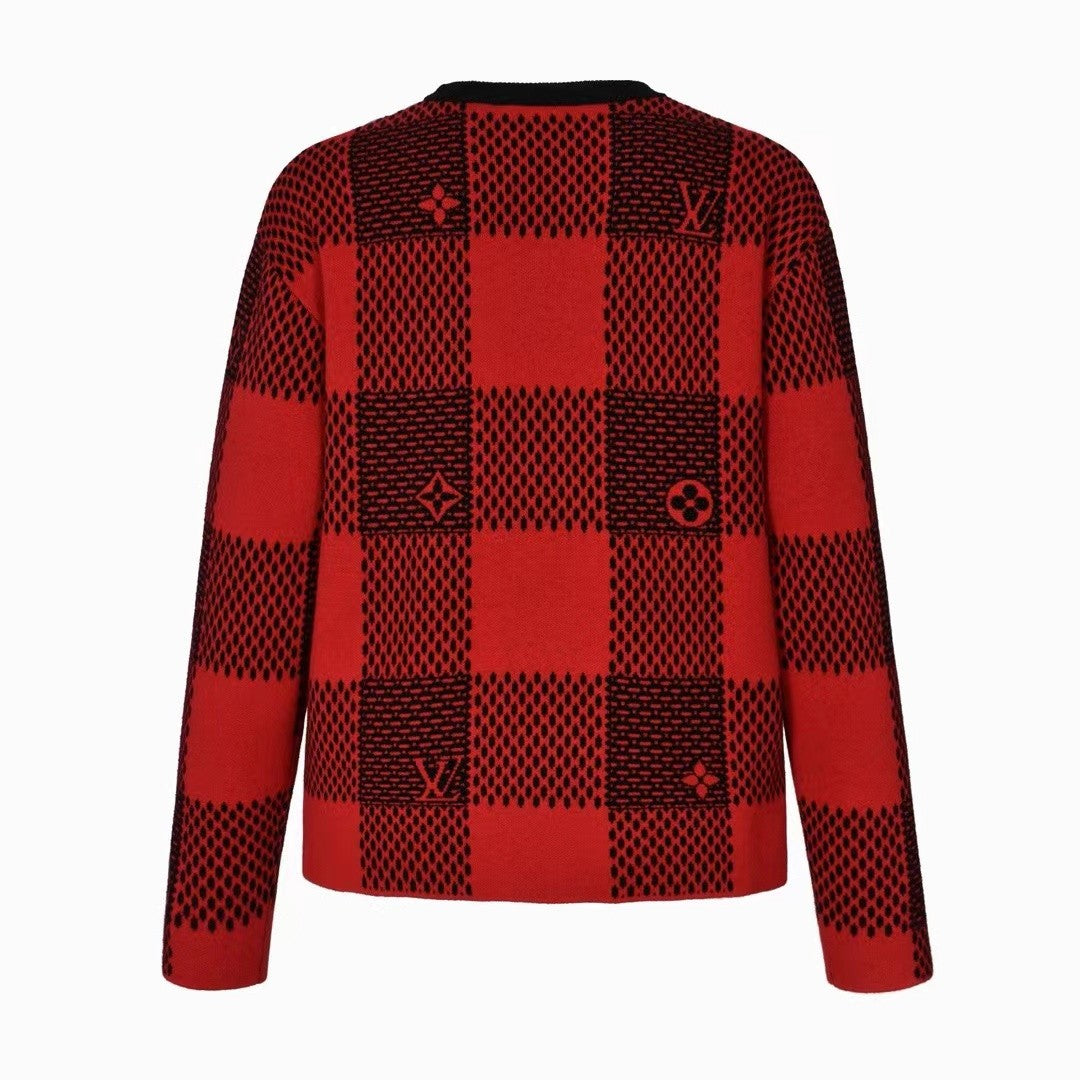 「#3560」Louis Vuitton 24fw black and red checkered jacquard crew neck sweater
