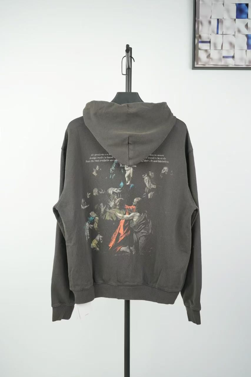 「#4216」offwhite hooded sweatshirt with psalm and Madonna print on the back